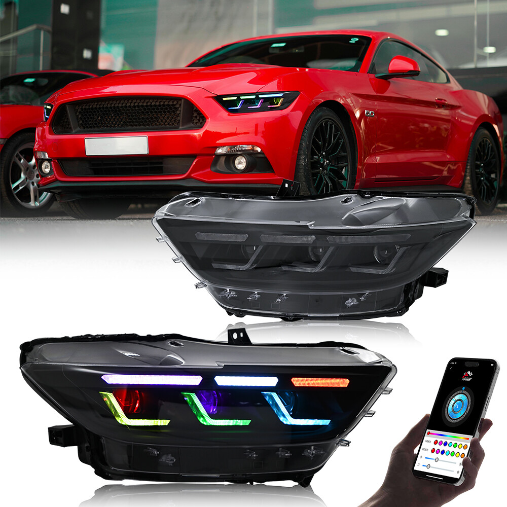 Pair RGB LED Headlights For Ford Mustang 2015 2016 2017 Head Front Lamp Assembly