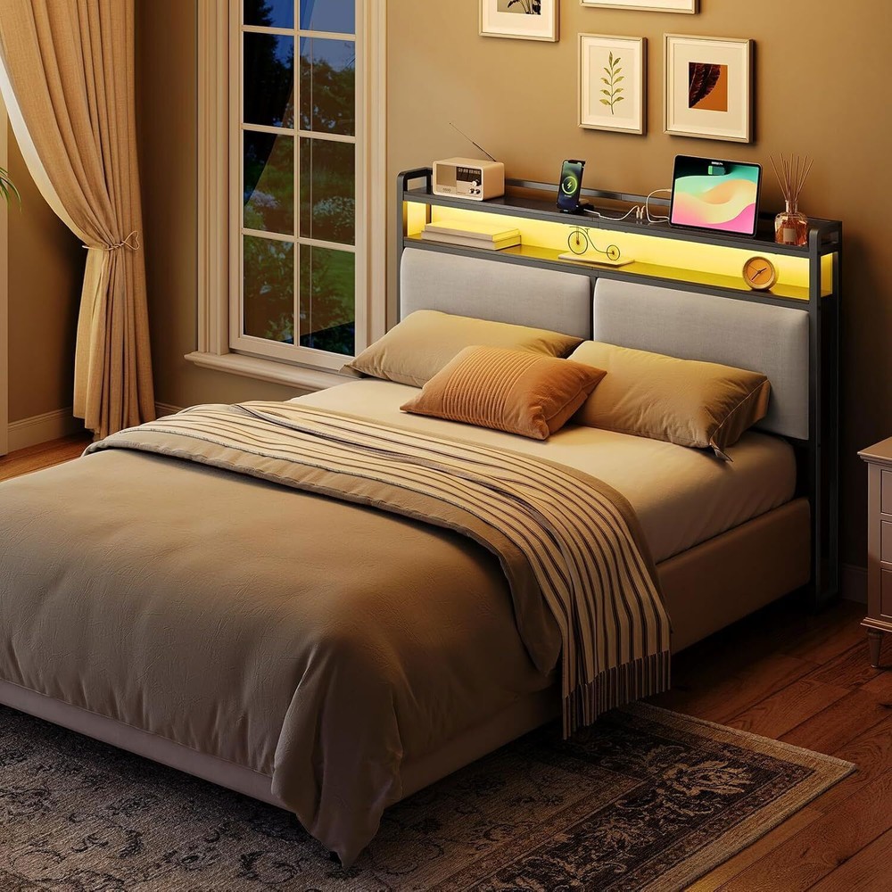 Queen Size Upholstered Headboard Storage Headboard w/Adjustable LED Lights Black