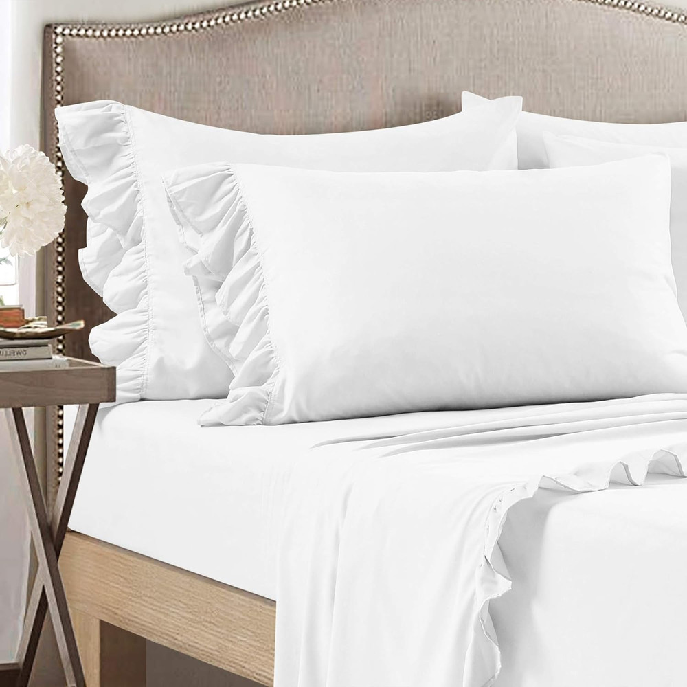 Reyna Ruffle Sheet Set, 6 Piece Set, Queen, White - Soft & Comfortable Sheets wi