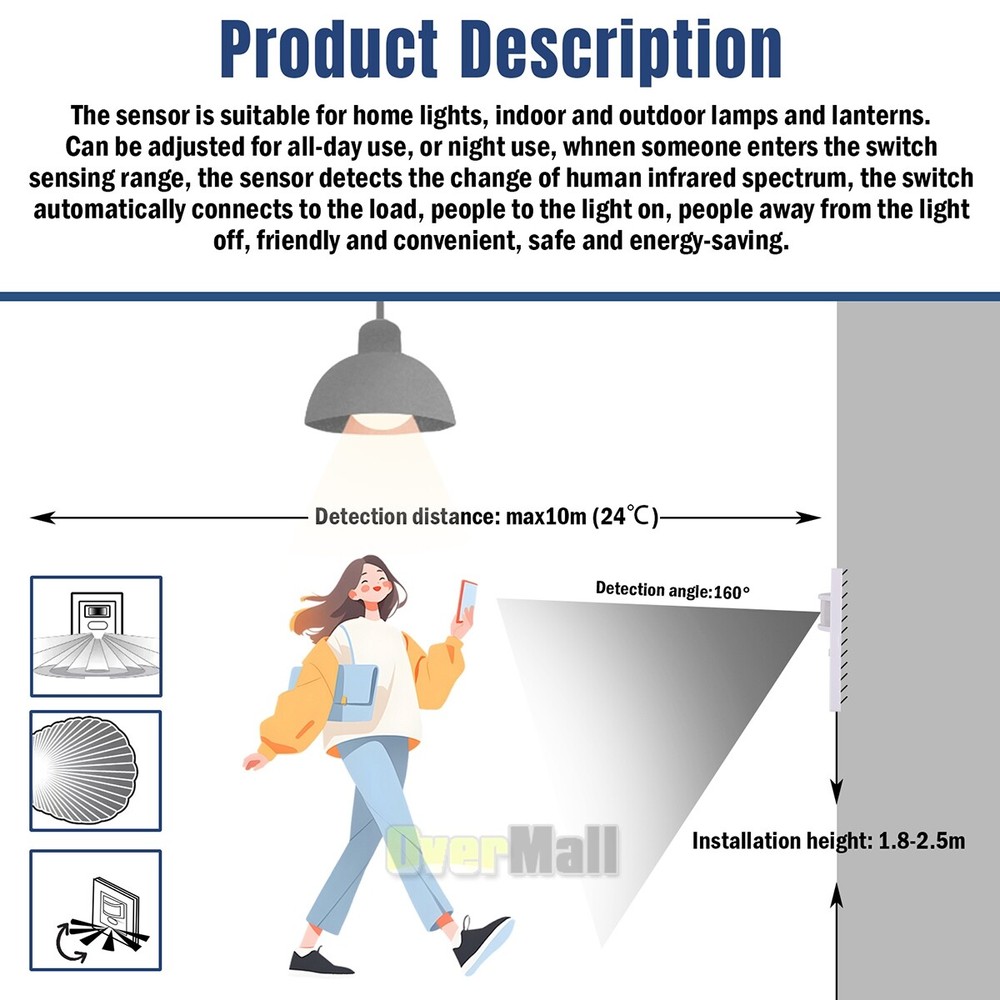 PIR Infrared Motion Sensor Detector Wall Lighting Switch Automatic ON/OFF Home