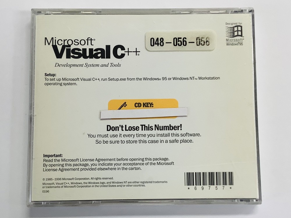 Microsoft Visual C++ Version 4.0 (Windows) CD, With Key Code FREE SHIPPING (G)