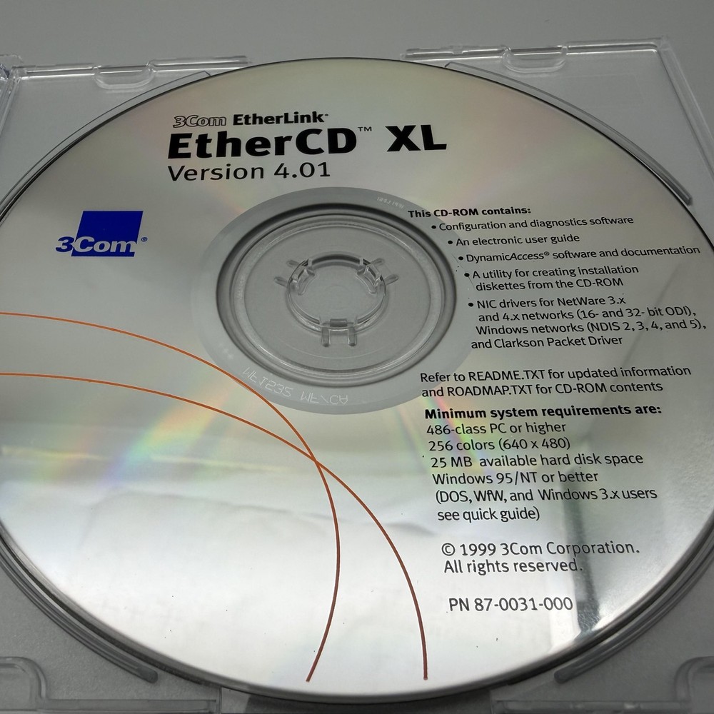 Vintage 1999 3Com EtherLink EtherCD XL Ver 4.01 Drivers Update CD-ROM Software