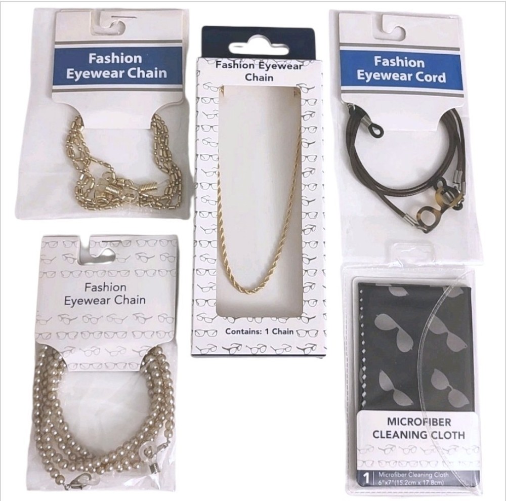 5pc Eyeglass Accessory Set Gold Chains Beaded Holder Cord Rope Microfiber Cloth