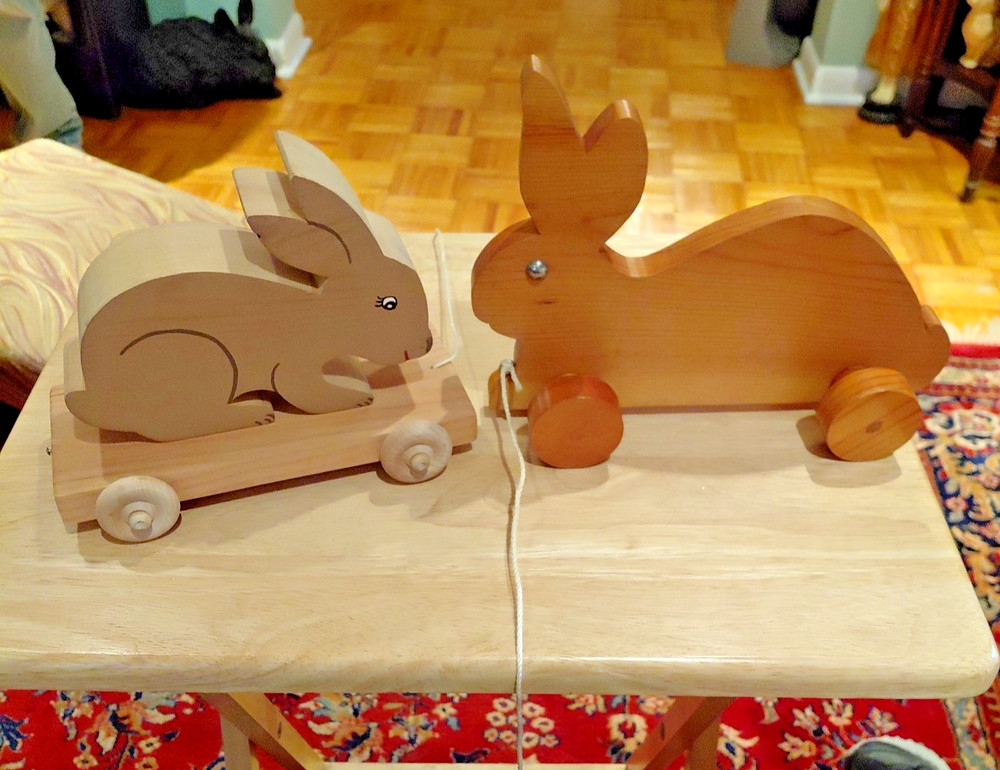 2 Wooden Vintage Rabbit Bunny Pull Toy Handmade Easter Spring