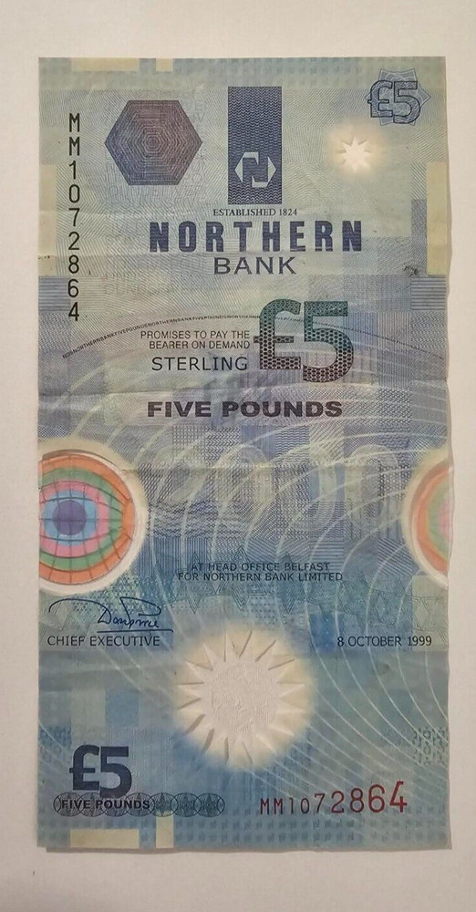 Northern Bank £5 five pound banknote plastic polymer space shuttle Used/ref d21