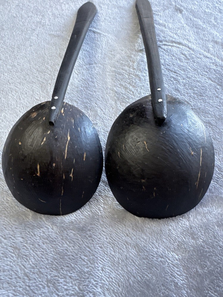 Hand Carved Coconut Shell Serving Spoons Set Wood Handle Boho 8”