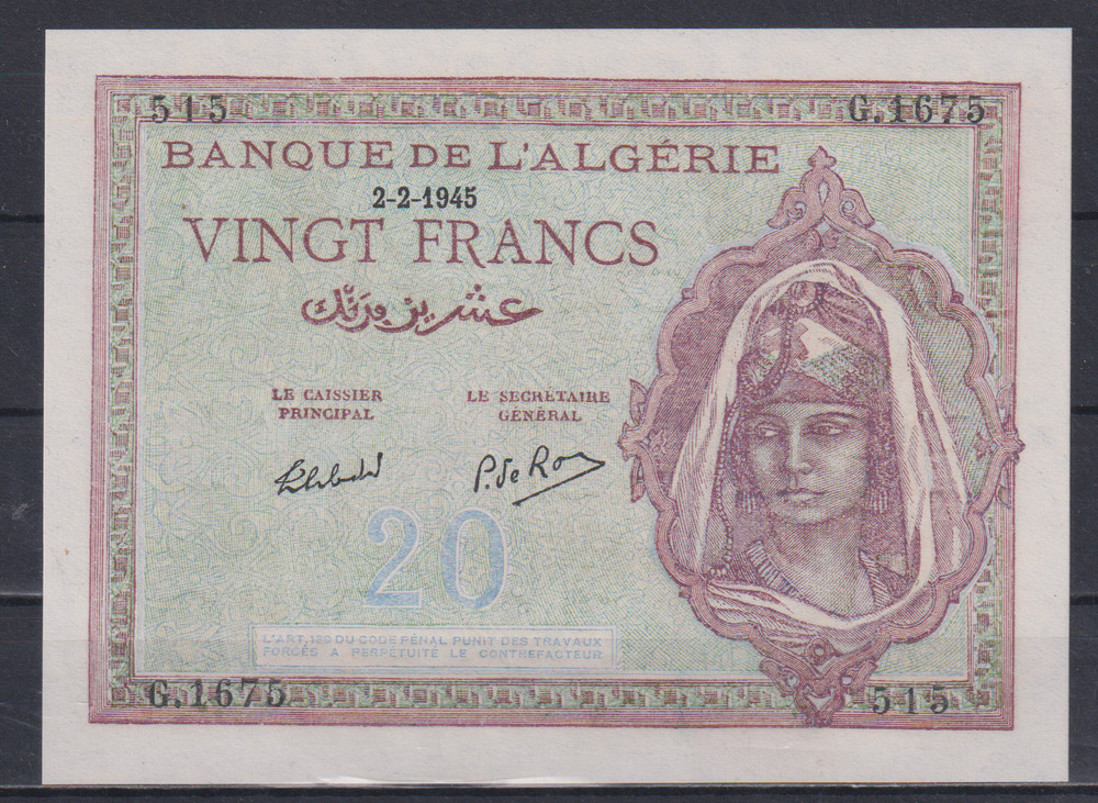 Algeria  20 Francs 1945  UNC & 351
