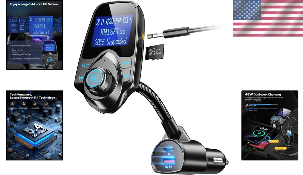 Upgraded 48W Bluetooth Car Adapter for Multi-Device Charging