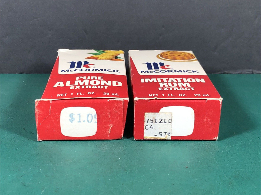 2 Lot McCormick | Almond & Rum Extract Bottles With Boxes | Retro Kitchen Decor