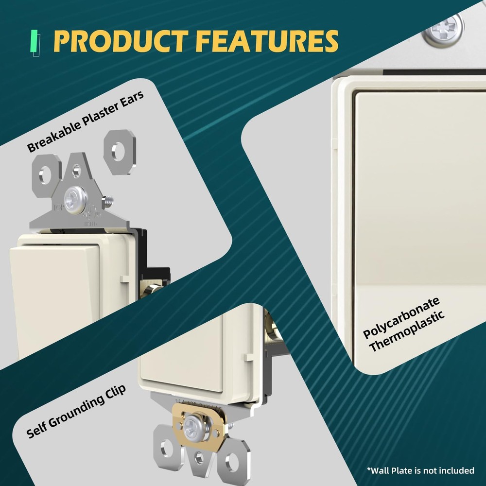 Decorator Wall Light Switch, 15Amp Single Pole On/Off Paddle Switch, Self-gro...