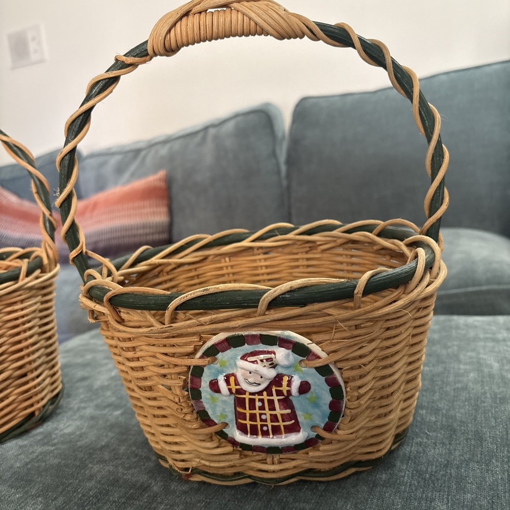 2 Vintage Medium Wicker Basket With Ceramic Santa Tile Insert 12" x 9.5" x 8"