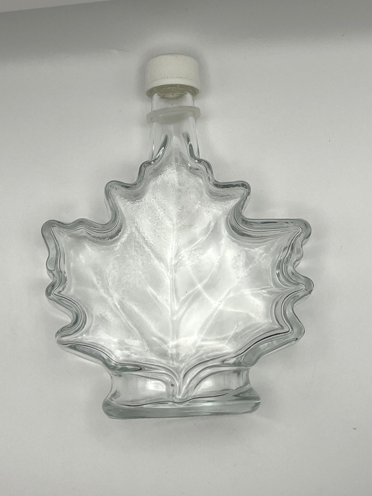 Maple Leaf Shape Clear Glass Syrup Bottle w/Top Cap Lid Front Embossed Jar Empty