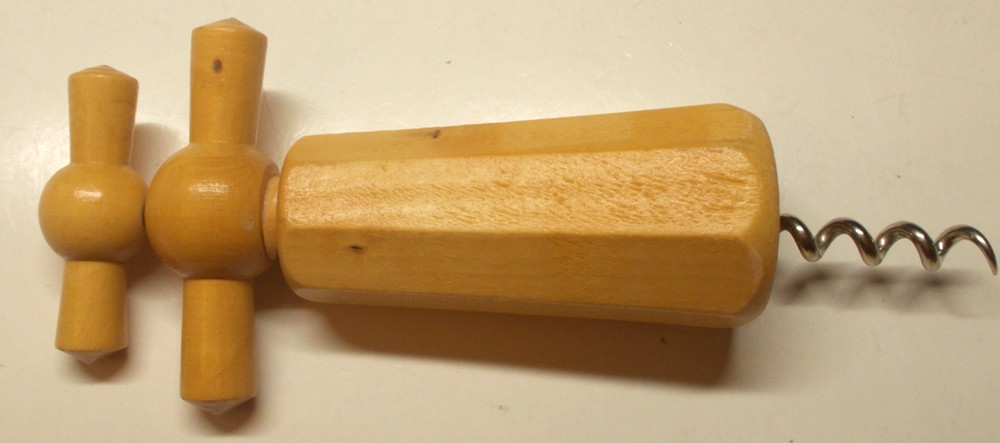 Vintage Wooden Corkscrew Cork Puller Dual Handle 8 Sided
