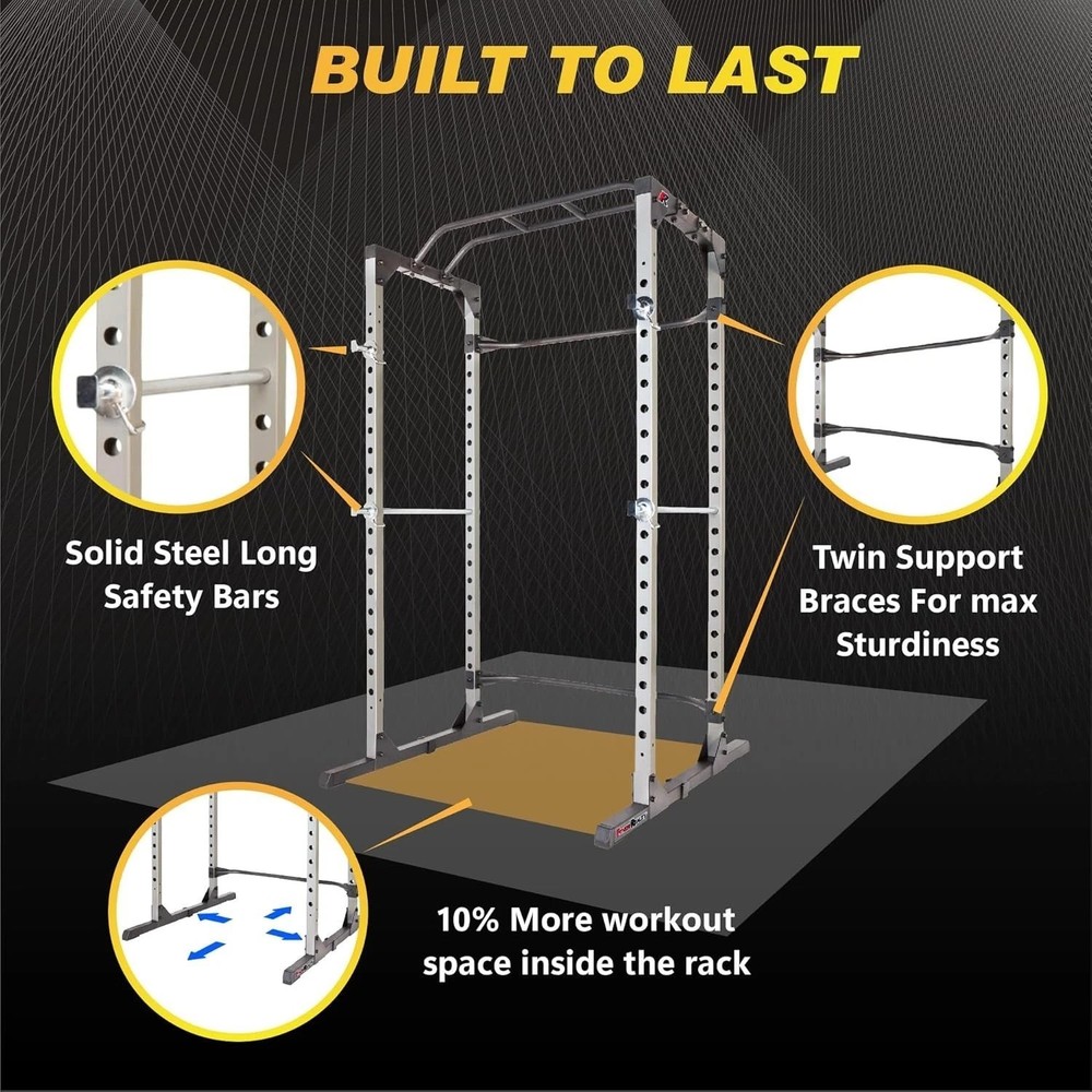 Durable Squat Rack Power Cage with Multi-Grip Pull-Up Bar & Cable Crossovers