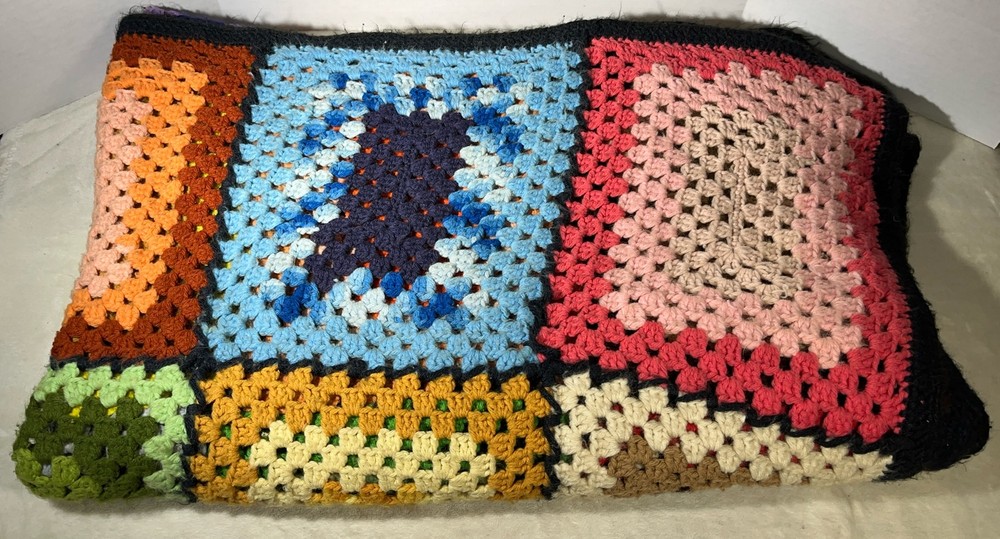 Crochet Afghan Handmade Granny Square Multicolor Sofa Couch Throw Blanket READ