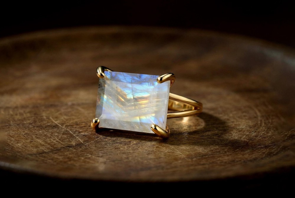 Sterling Silver Moonstone Ring Rainbow Rectangle Cut Birthstone Gift