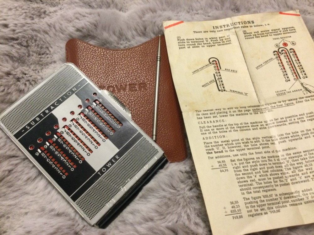 Vintage Tower Addition & Subtraction Machine w/ Case Pen & Instructions - Adding