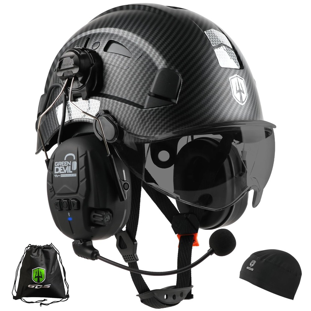 GREEN DEVIL Hard Hat with Bluetooth Ear Muffs and Visor Vented Work Safety He...
