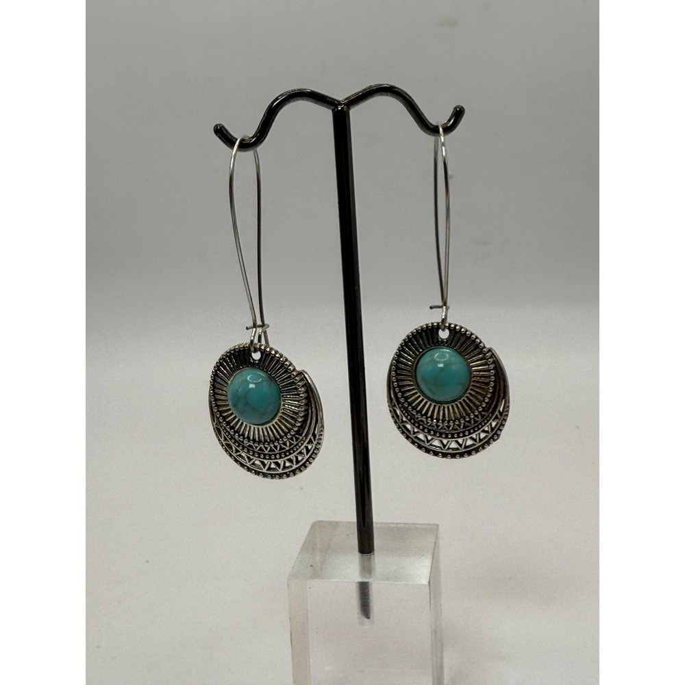 Boho Silver Tone Dangle Earrings Lot Turquoise Style & Geometric Pair
