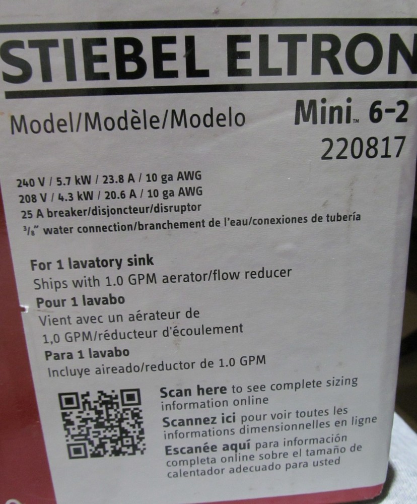 Stiebel Eltron 220817 5.7 kW 240V Mini 6-2 Mini Singl Tankless Elec Water Heater