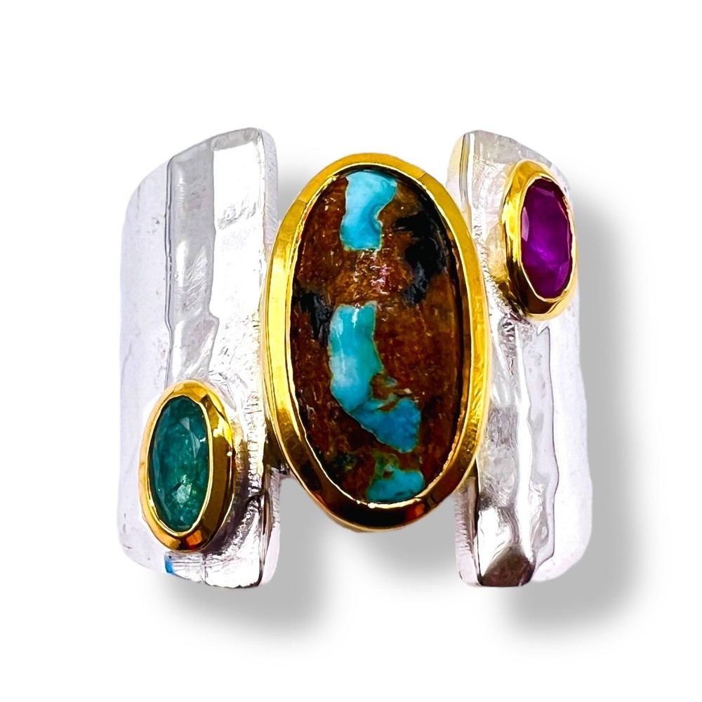 Two Tone Sterling Silver Blue Turquoise Emerald Ruby Ring Handmade -6500