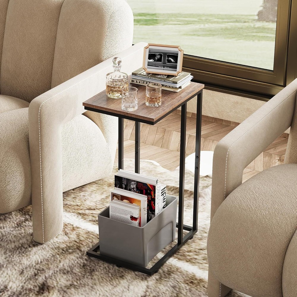 C Shaped End Table, Small Side Tables for Sofa and Bed, Couch Table That Slides