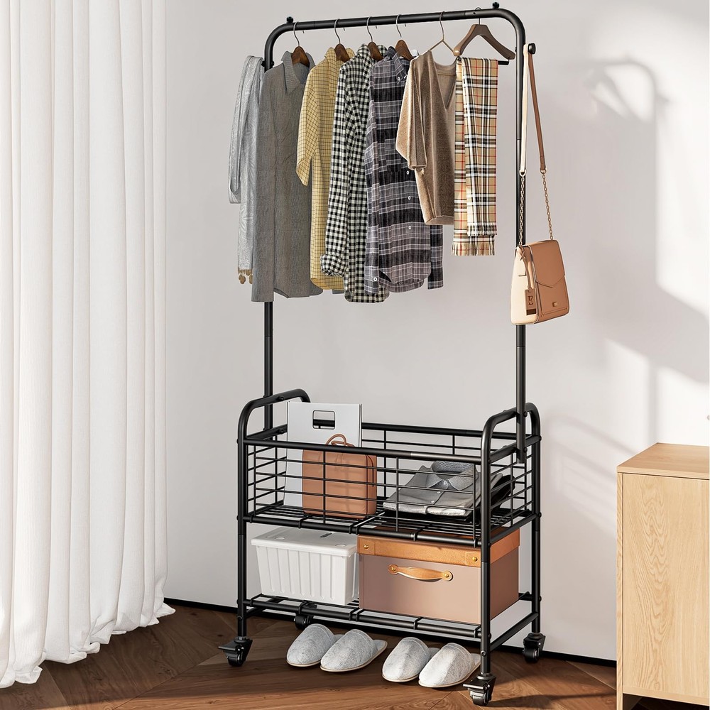 SUOERNUO Laundry Cart with Hanging Rack Rolling Laundry Hamper Sorter with Wh...