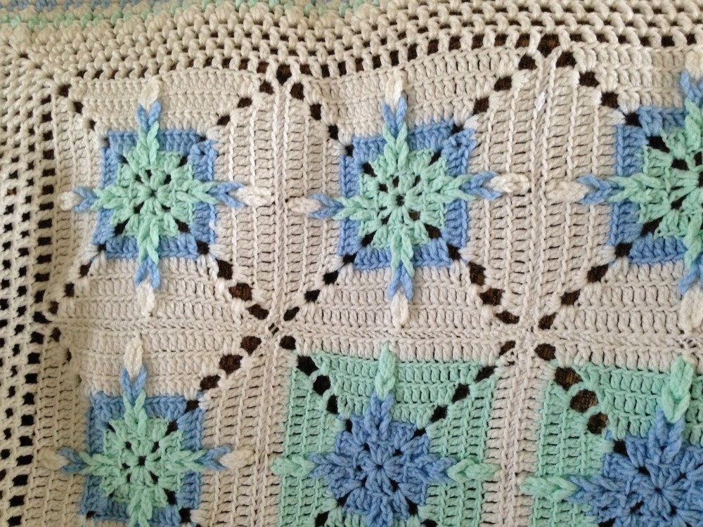 Handmade Afghan White, Blue & Green. 52"x53".