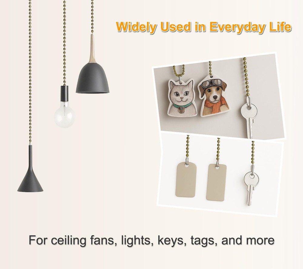 120" Ceiling Fan Pull Chain Extender - Ball Chain with 12 Connectors, Adjusta...