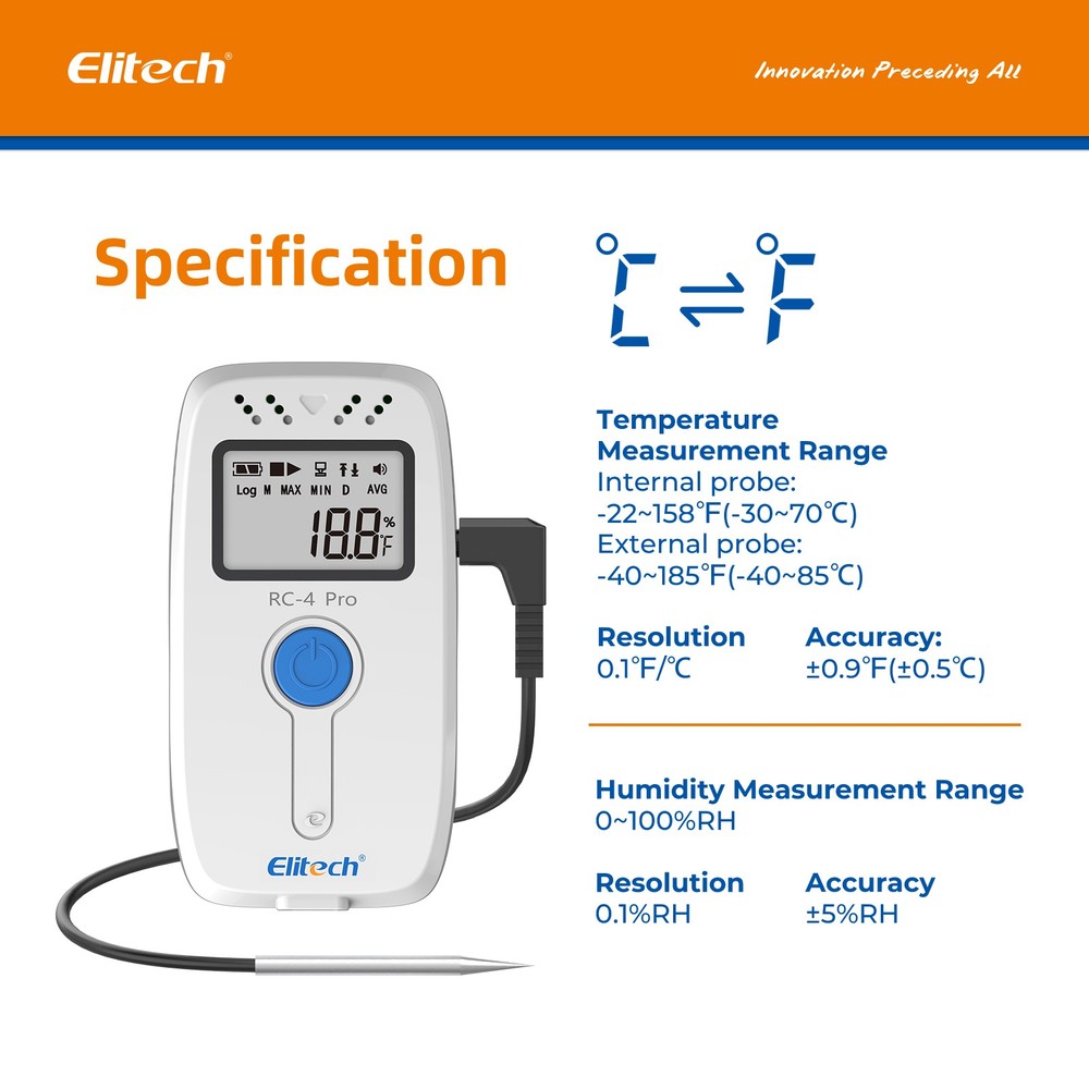 Elitech RC-4Pro Temperature Data Logger Recorder w/ External Probe -40℉~185℉ Typ