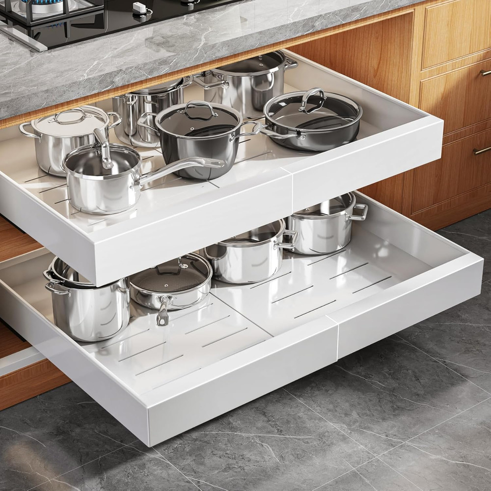 2 Pack 21" Deep Pull Out Cabinet Organizer Expandable（Width 15.1"-26.3"） White+4