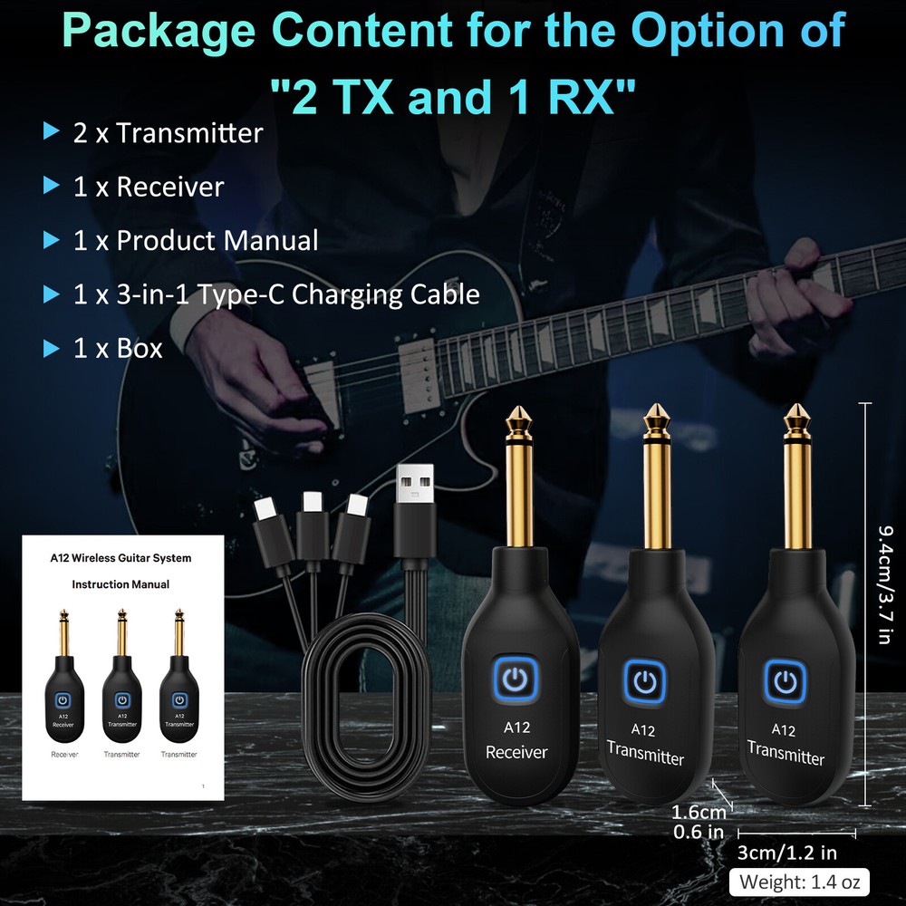 Wireless Guitar System Dual Transmitter & Receiver Built In Rechargeable Battery