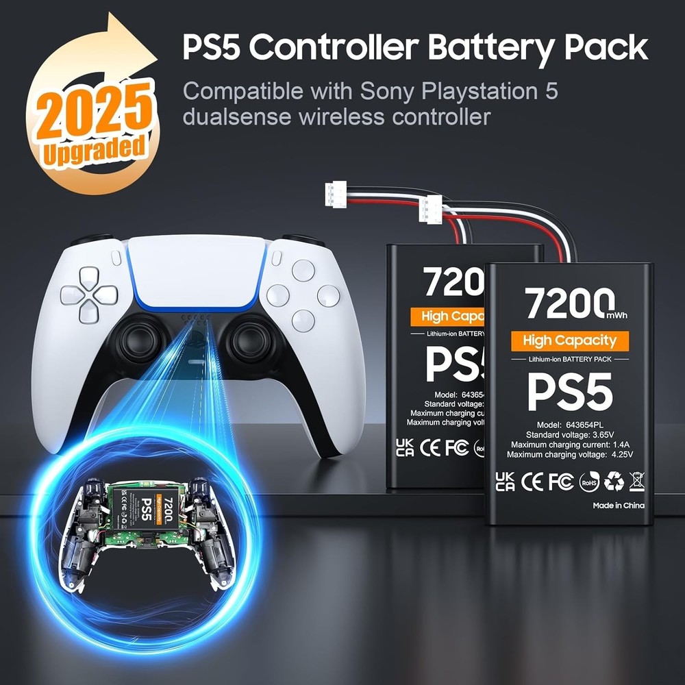 PS5 Controller Battery, High Capacity 2x7200mWh Rechargeable black