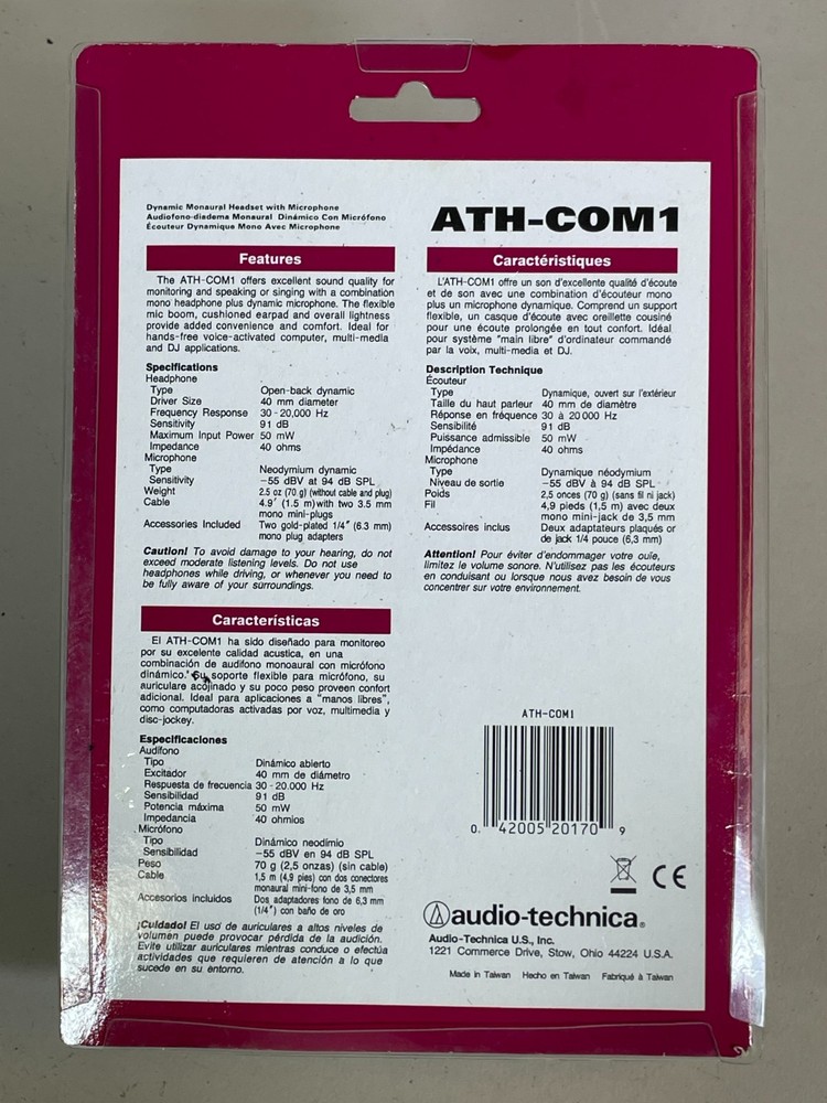 Audio-Technica Headset ATH-COM1 Single Sided Headset with Boom Mic