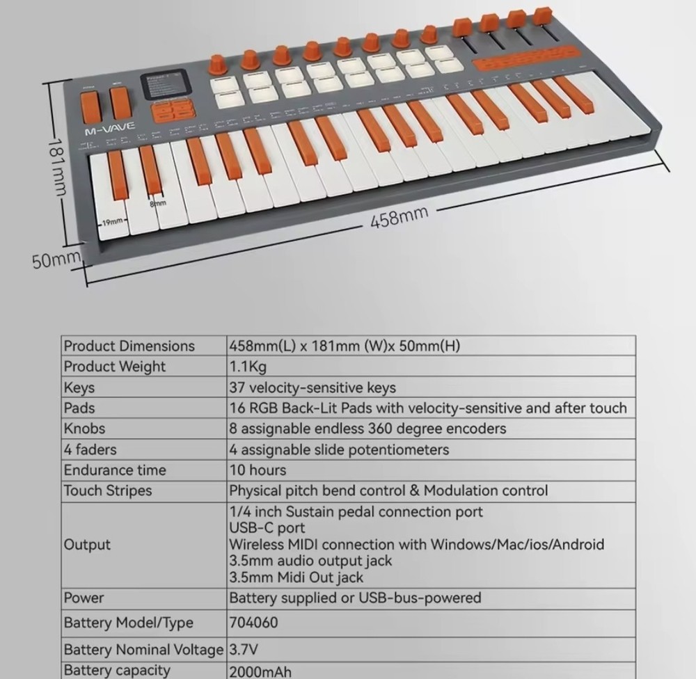 M-VAVE SMK-37 ELITE Wireless MIDI Keyboard Controller, PC, Mac, iOS, Android
