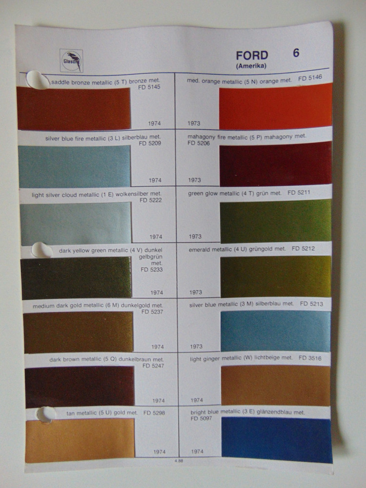Original Glasurit Ford (US) Paint Chips Sheet - 1973-1974