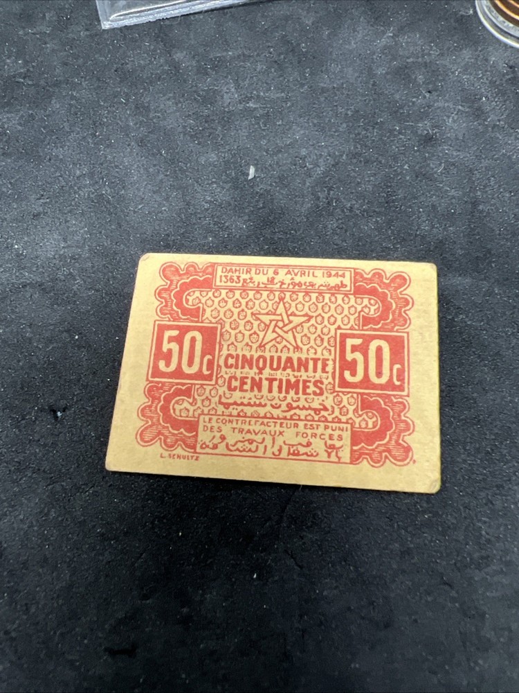 1944 Morocco 50 Centimes Banknote WW2 Era Issue #B