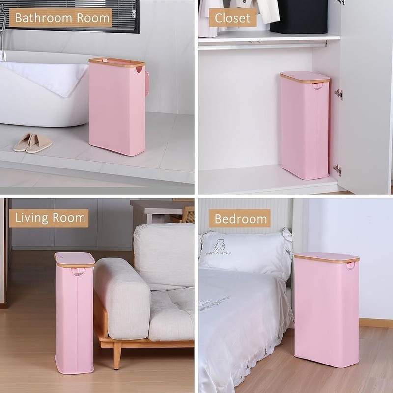 Portable Slim Laundry Basket Foldable Organizer W/ Removable Bag & Bamboo Handle