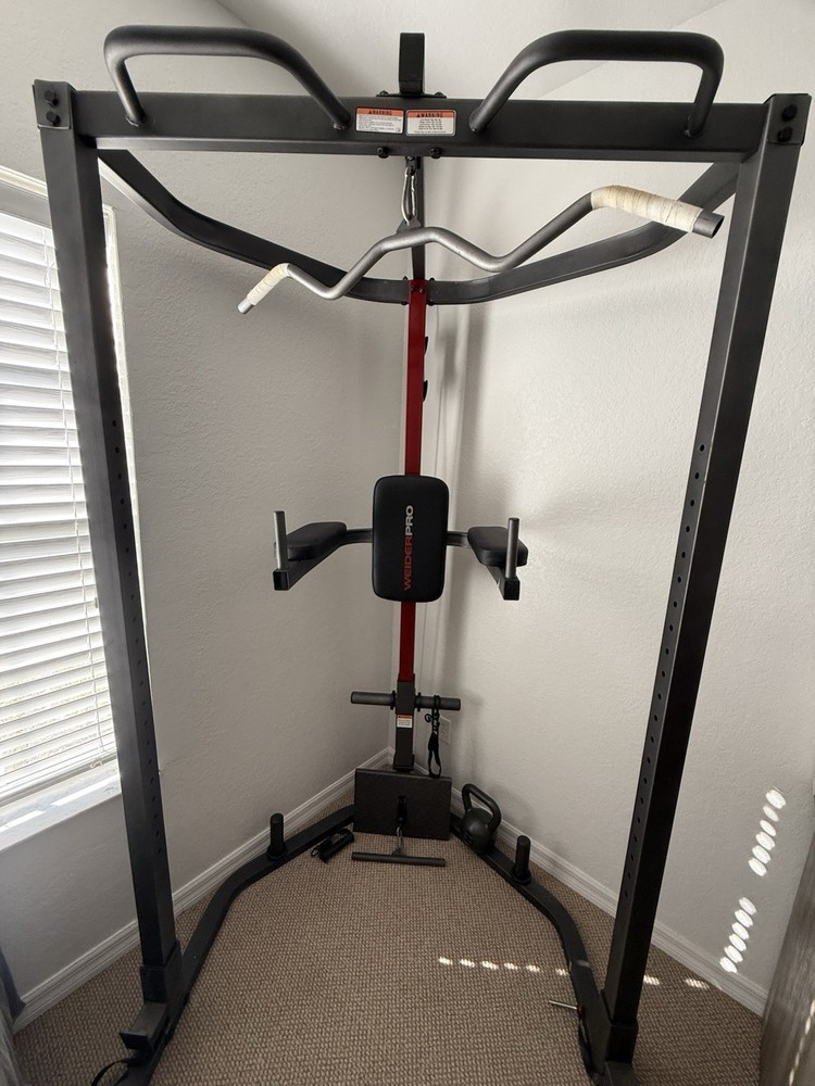 Weider Pro Adjustable Power Rack Steel Foam Pull Up Dip Lat Pulldown Home Gym