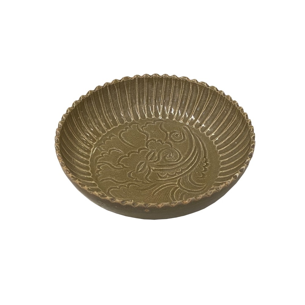 Chinese Ding Ware Tan Olive Glaze Pattern Ceramic Bowl Display ws3274