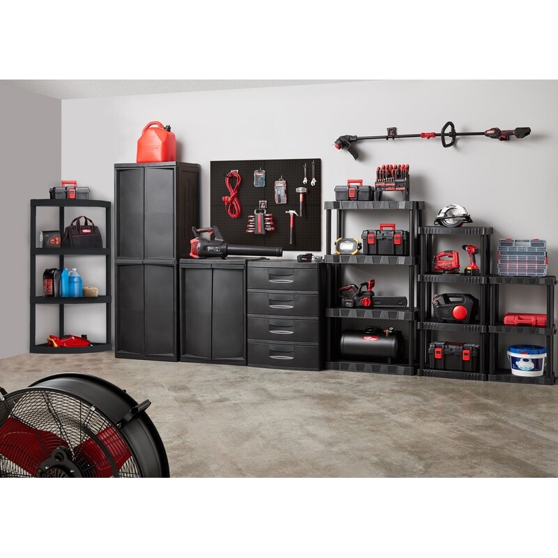 3 Tier Black Plastic Shelf Unit Tool Free Assembly 150lb Capacity Garage Storage