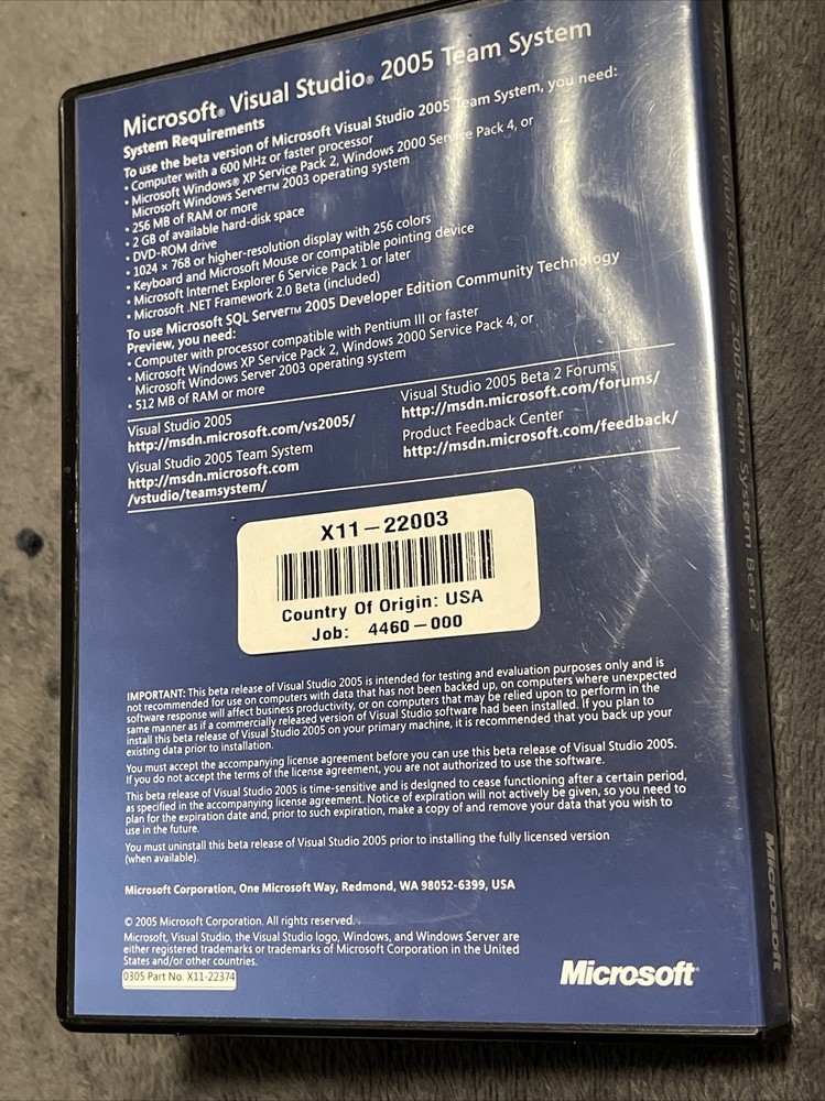 Microsoft Visual Studio 2005 Team Suite Beta 2 (3 CD’s)