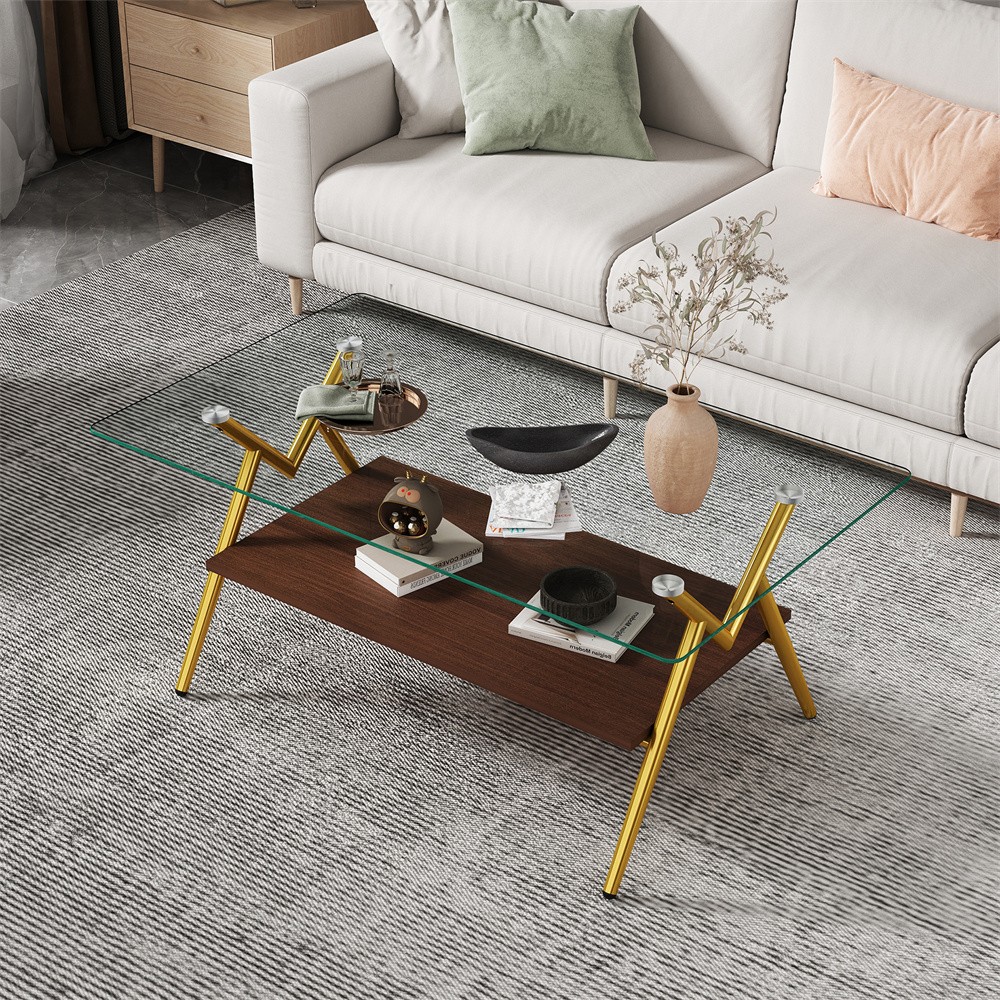 Tempered Glass tea table Rectangular with Storage Shelf Teapoy Coffee Table