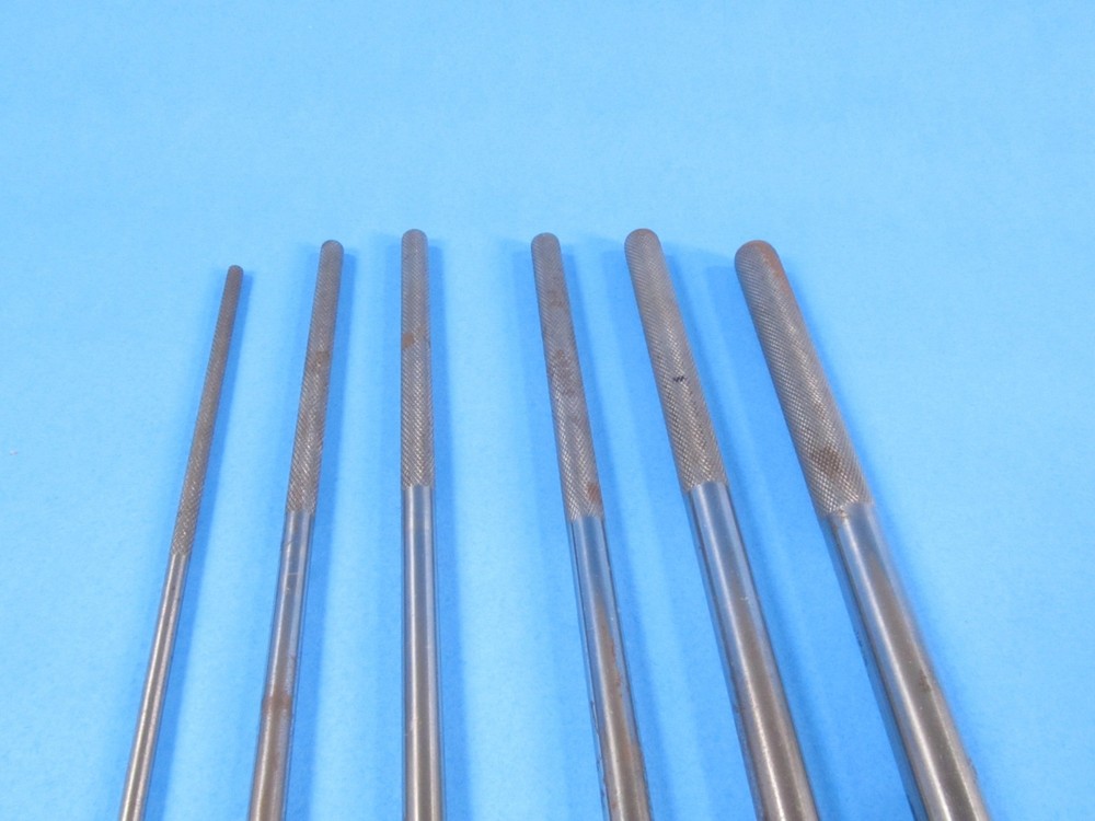 uncommon set 6 drill rod style wood gouges or carving tools w/ knurled handles