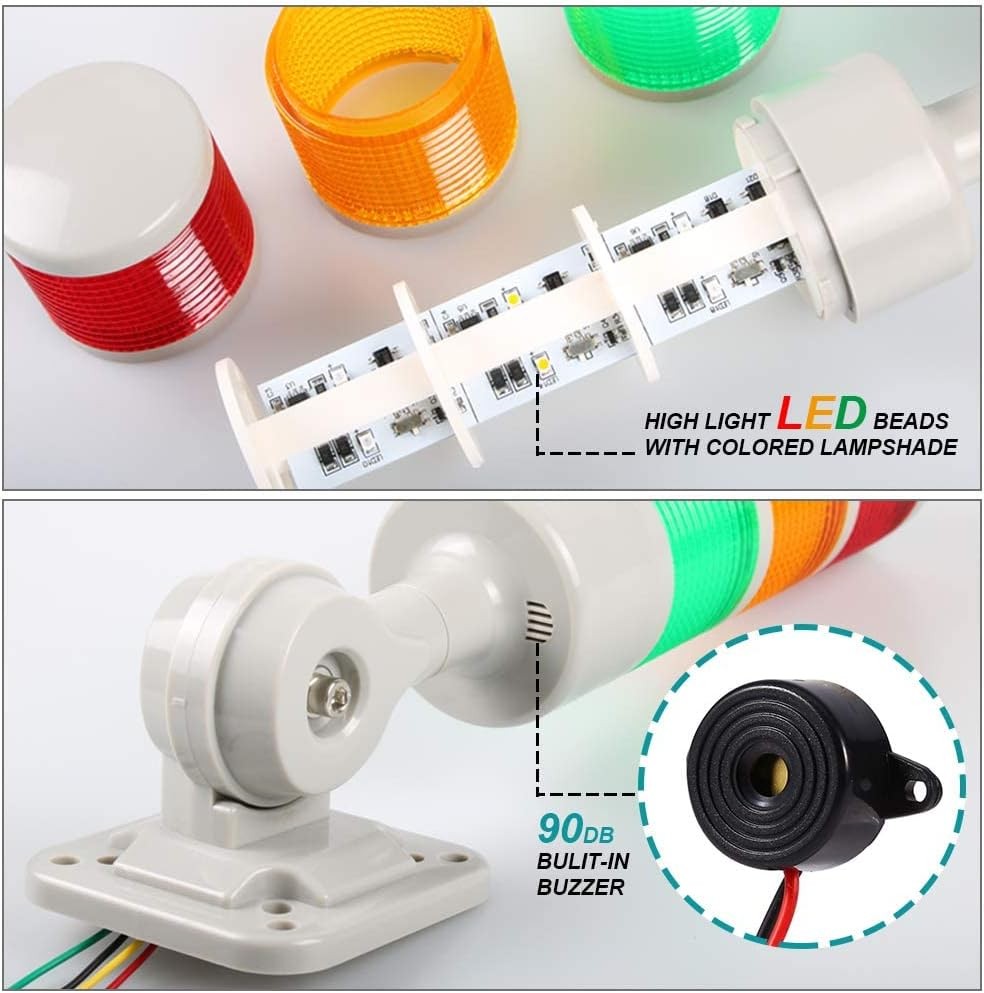 Led Signal Tower Stack Lights, 2 Layer/with Buzzer, RED/YELLOW AC 110-220V