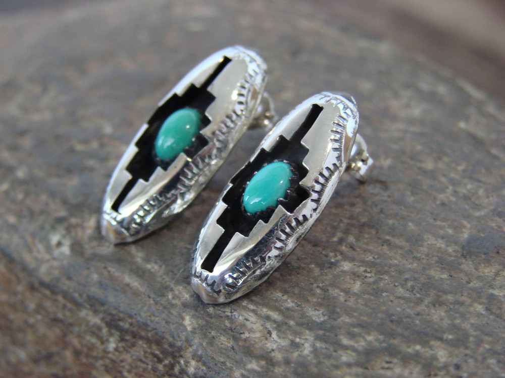 Native American Sterling Silver & Turquoise Shadowbox Post Earrings - Perry