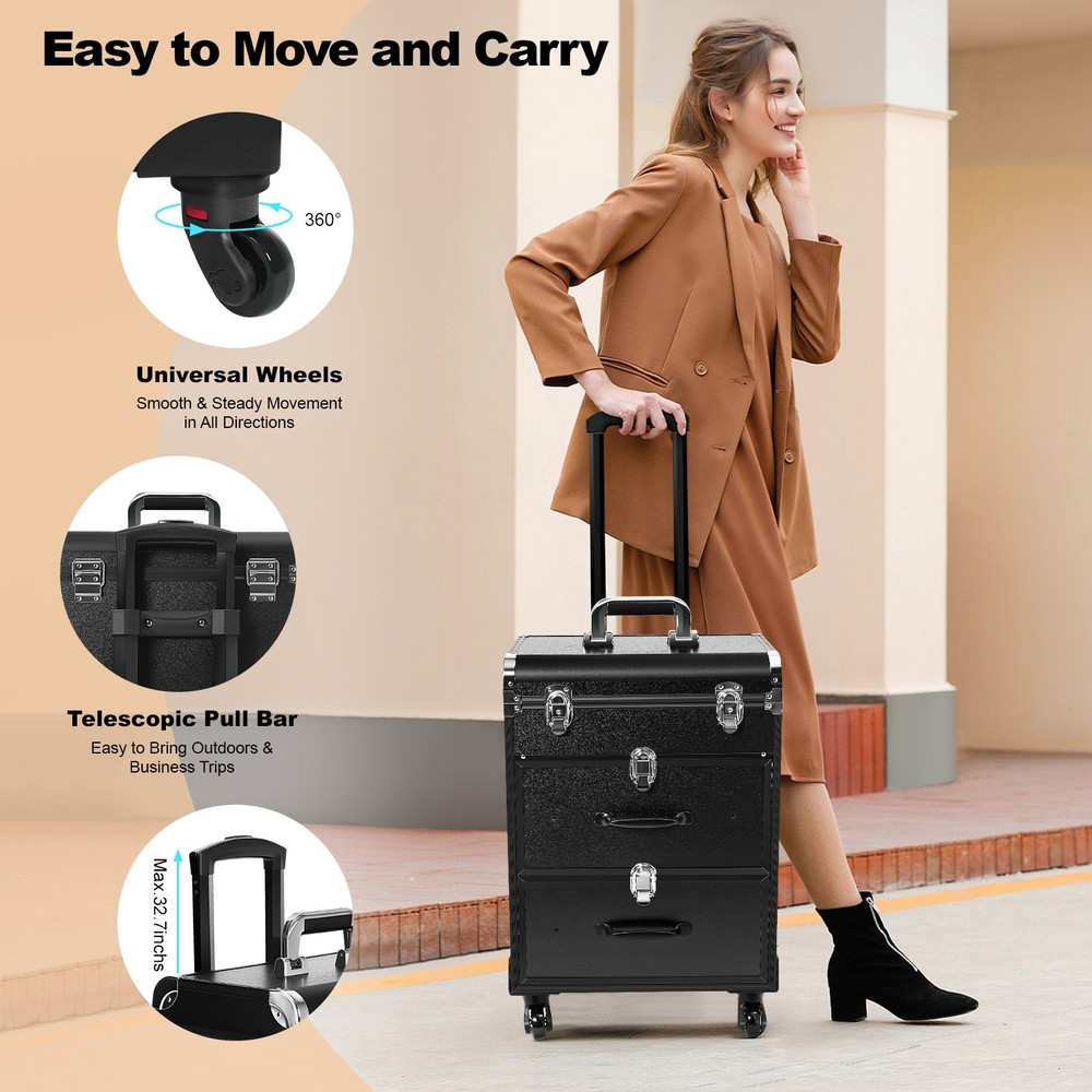 Makeup Train Case Professional Aluminum Rolling Cosmetic Trolley Makeup Storage