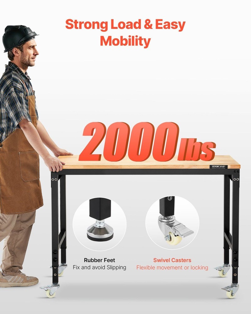 48in 2000lb Workbench with Power Outlet & Pegboard, Oak Top, Adjustable