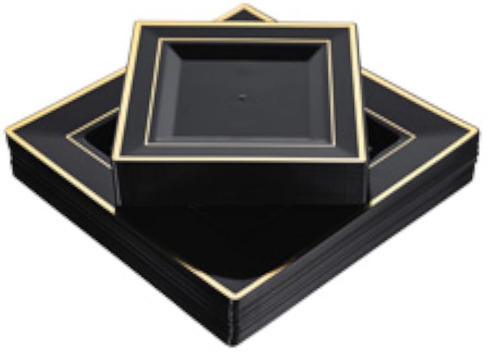 Bla Square Plastic Plates with Gold Rim Include 30 Disposable Dinner