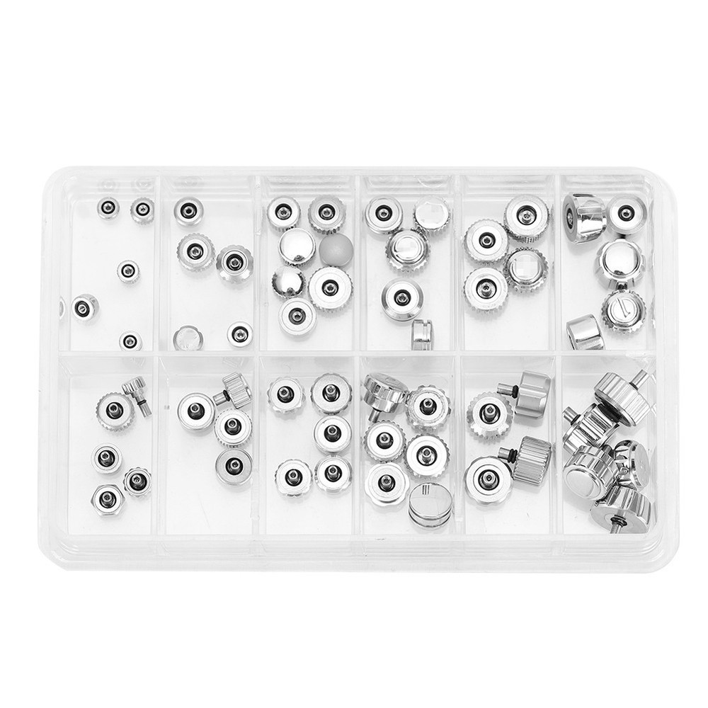 60Pcs 12-Pattern Stainless Steel Watch Crown Flat Head Assortment Replacement